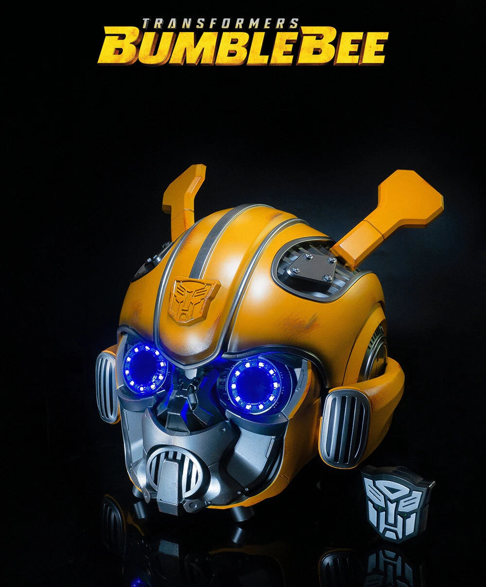 Transformers Bumblebee helmet with blue eyes on a black background