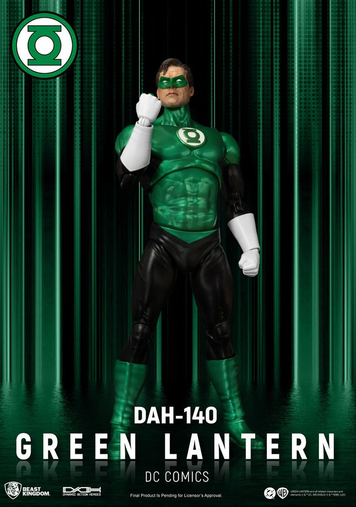Green Lantern action figure with green costume and logo against a green curtain background