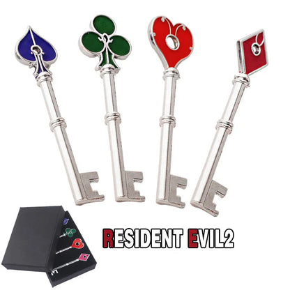 Four decorative keys with colored tops and a 'Resident Evil 2' box on a white background
